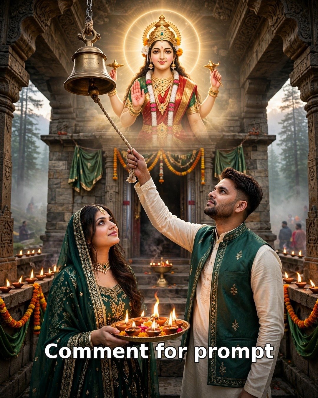 AI couple photo Navratri Day 6 Maa Katyayani temple bells and aarti thali, emerald green ethnic outfits