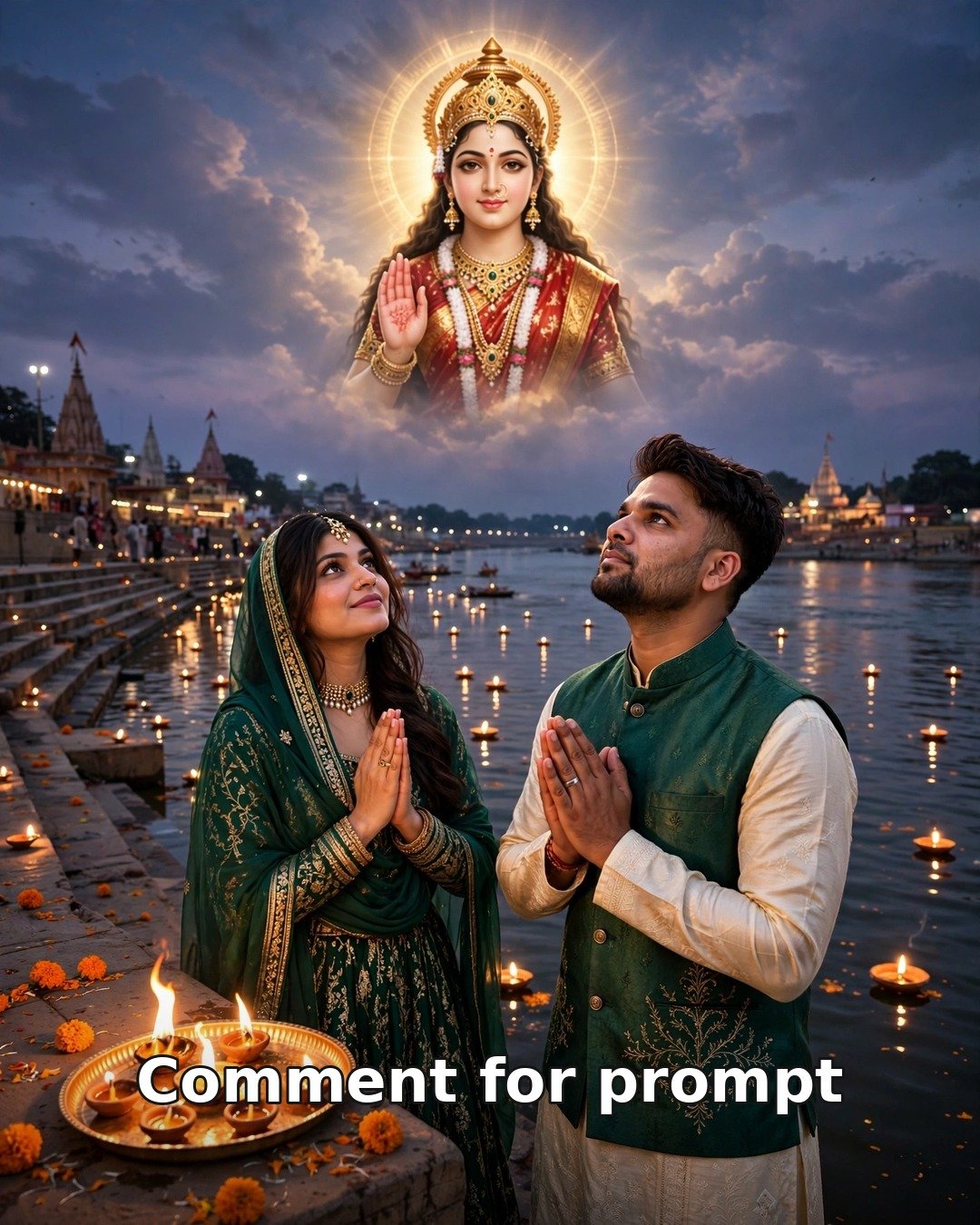 AI couple photo Navratri Day 6 Maa Katyayani river ghat sandhya aarti, floating diyas, emerald green ethnic outfits