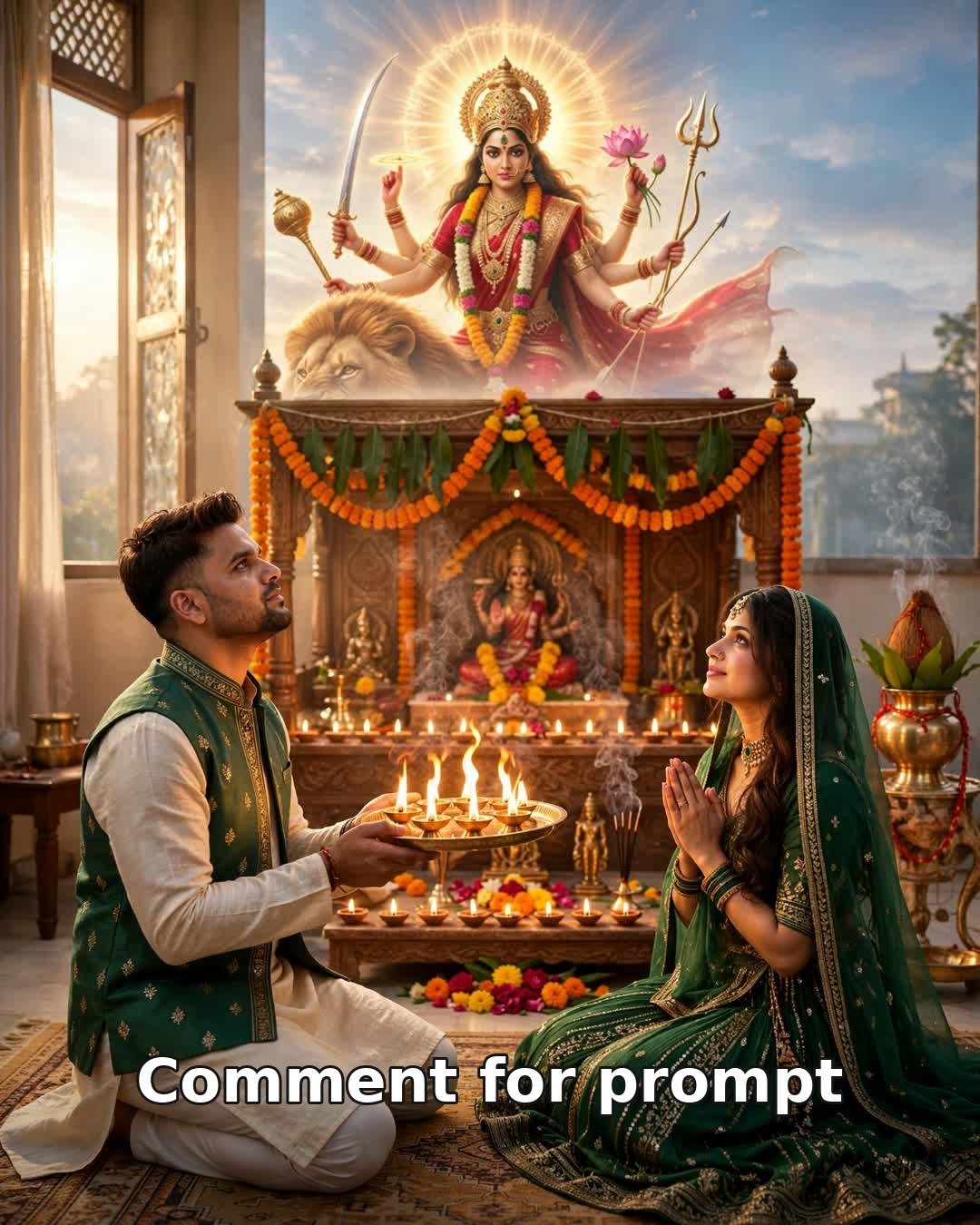 AI couple photo — Navratri Day 6 dawn aarti before a home mandir altar, Maa Katyayani blessing from the sky, emerald-green sharara and kurta
