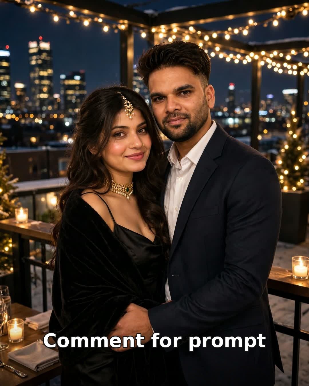 AI couple photo — rooftop dinner date at night, navy blazer and black satin dress, city lights and fairy lights, romantic date-night portrait