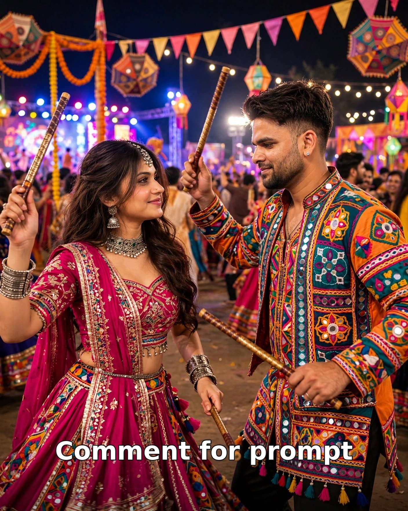 AI-generated Navratri couple photo — man in mirror-work kediyu and woman in vibrant chaniya choli dancing with dandiya sticks at a night garba ground