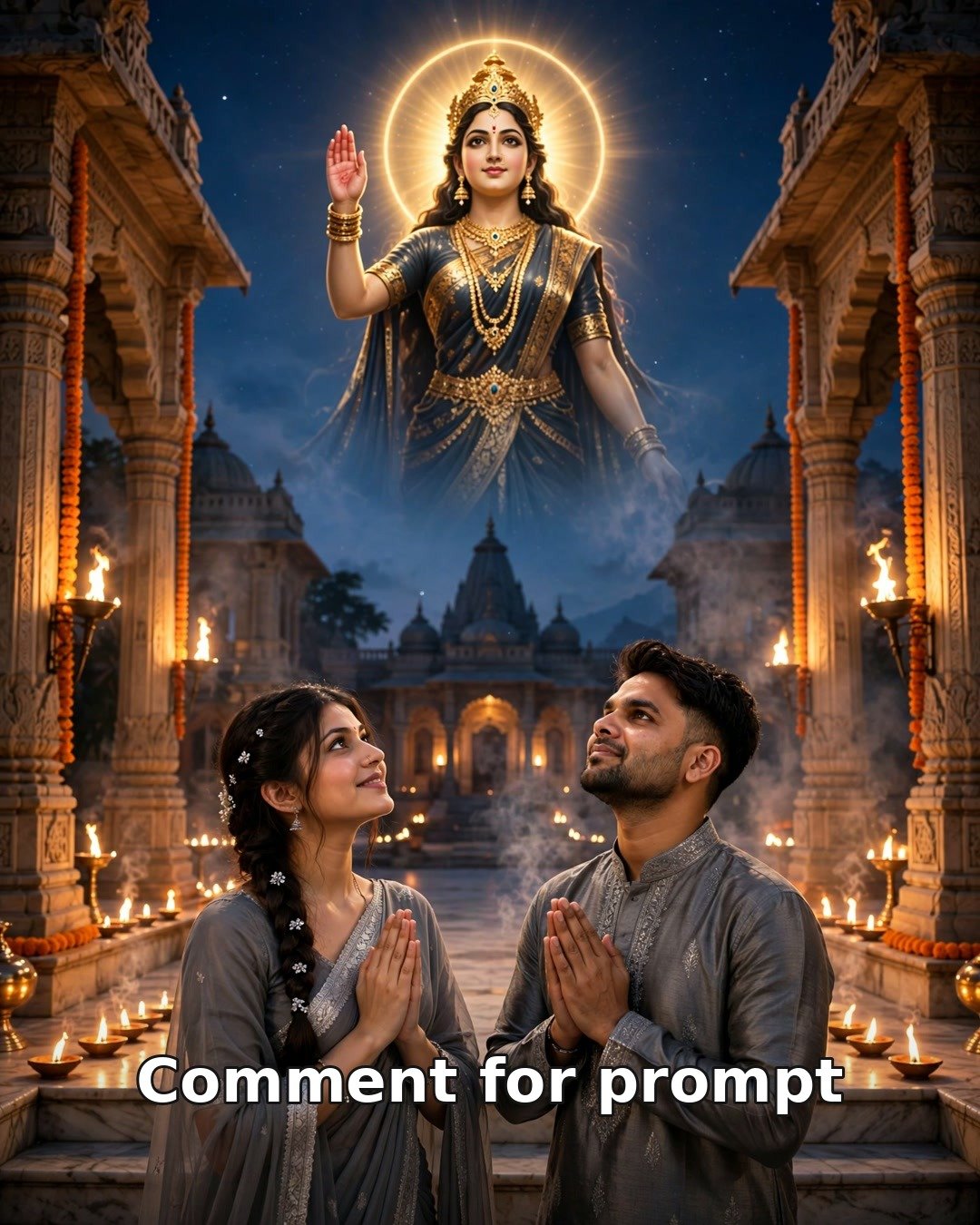 AI couple photo — Navratri Day 7 Maa Kalaratri blessing, grey chiffon saree and grey kurta, torchlit palace courtyard, devotional portrait
