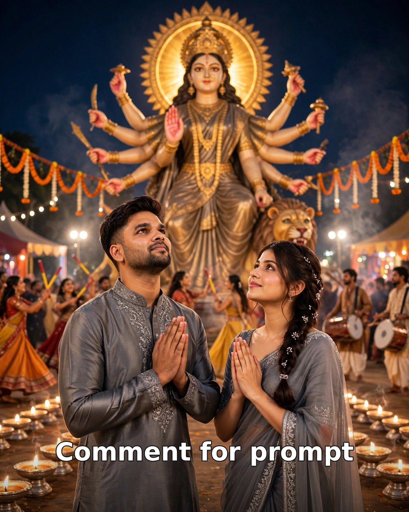 AI-generated Navratri Day 7 couple photo — man and woman in grey traditional outfits praying with folded hands before a towering Maa Kalaratri idol at a night garba ground