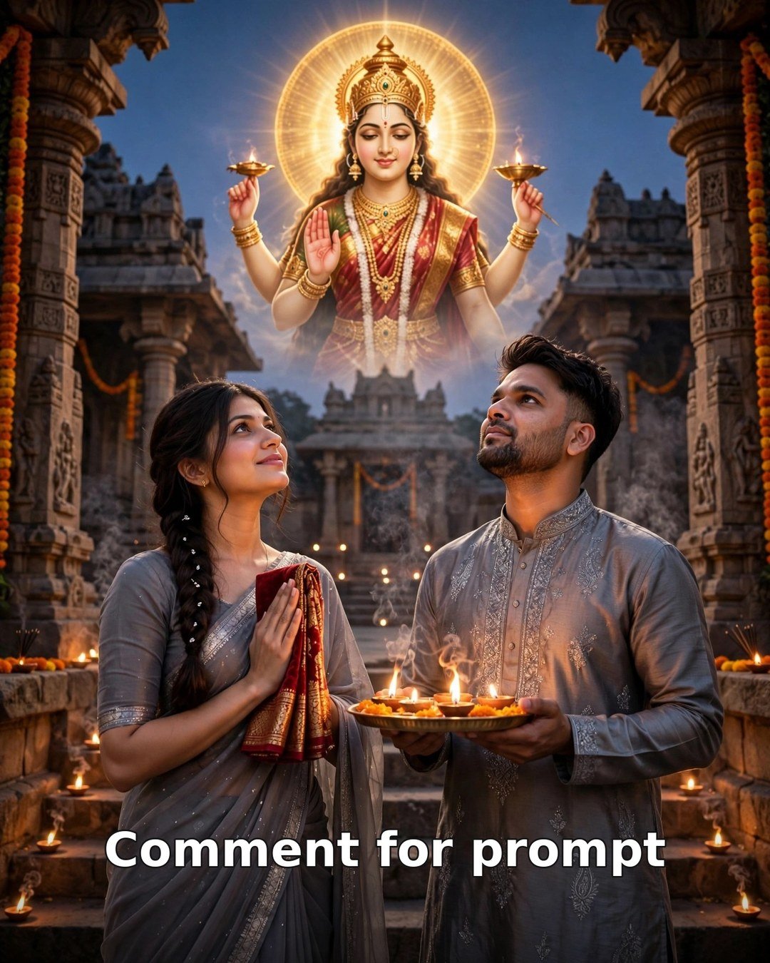 AI-generated Navratri Day 7 couple photo — man and woman in grey traditional outfits offering a chunari to Maa Kalaratri at a temple at dusk