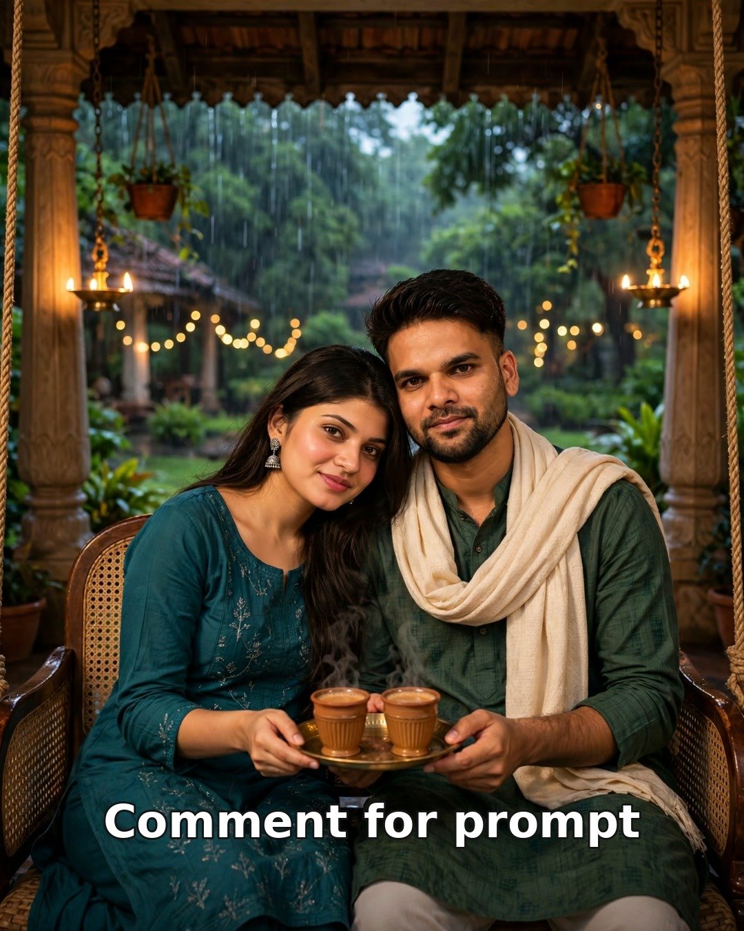 AI couple photo — rainy veranda chai date, forest-green kurta and teal kurta set, kulhad chai tray, monsoon garden bokeh, romantic portrait