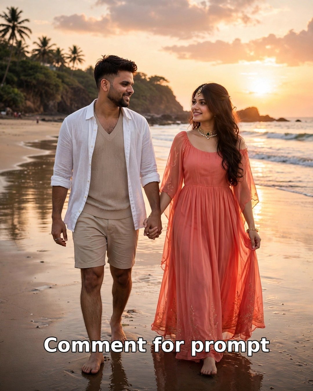 AI-generated couple photo — man in white shirt and woman in coral maxi dress walking hand in hand on a Goa beach at sunset