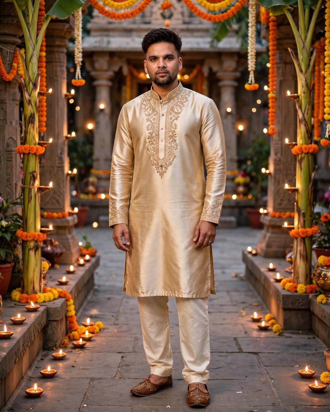 Man in champagne gold silk kurta with tonal embroidery standing in a Navratri temple courtyard lit with diyas and marigold garlands