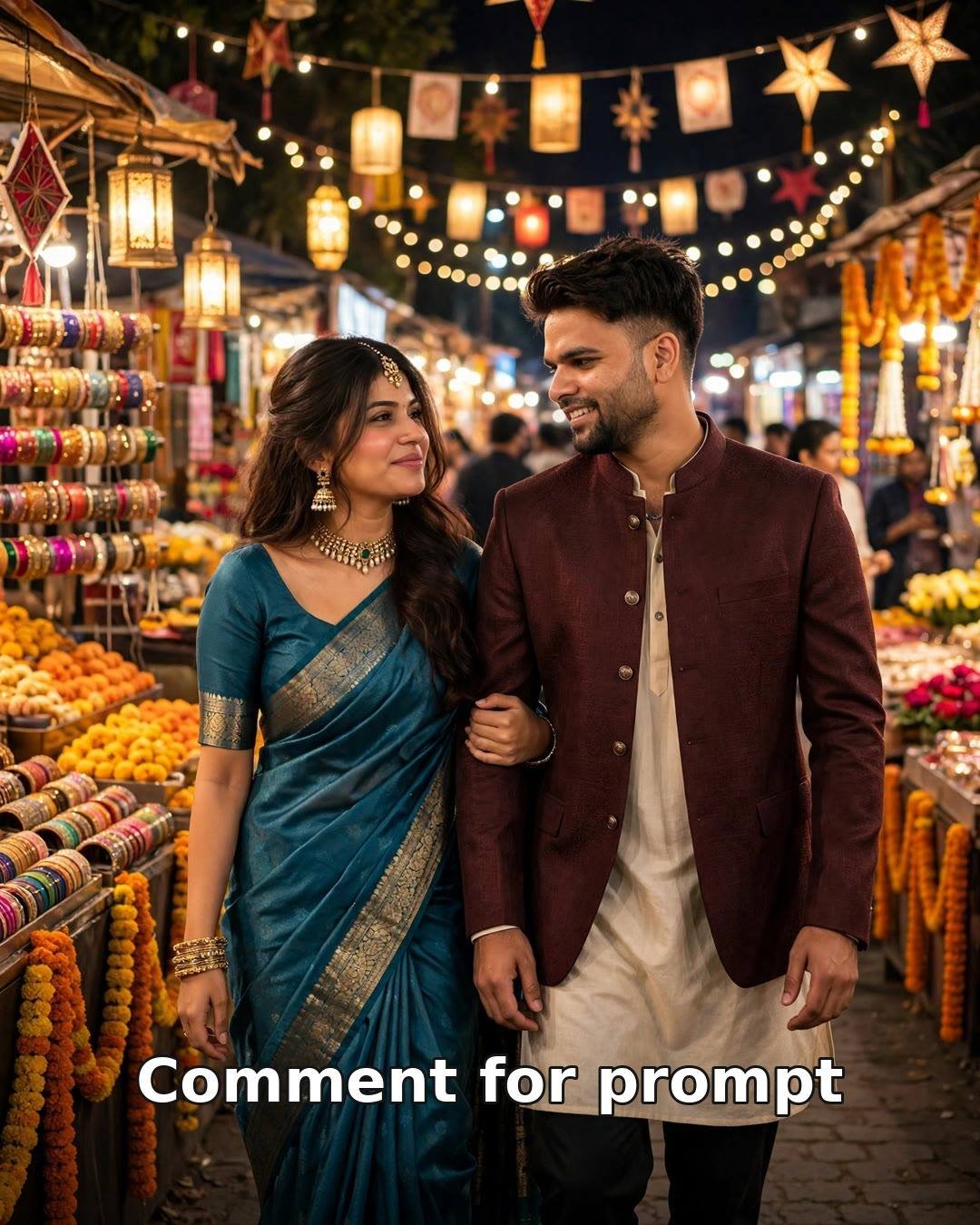 AI-generated couple photo - man in maroon bandhgala and woman in teal silk saree walking arm in arm through a lantern-lit festive night market
