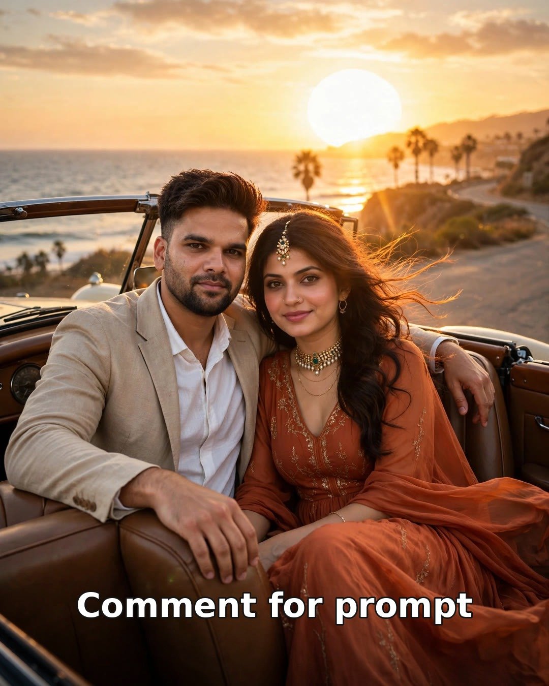 AI-generated couple photo - man in beige blazer and woman in rust-orange maxi dress in a vintage convertible on a coastal road at golden hour