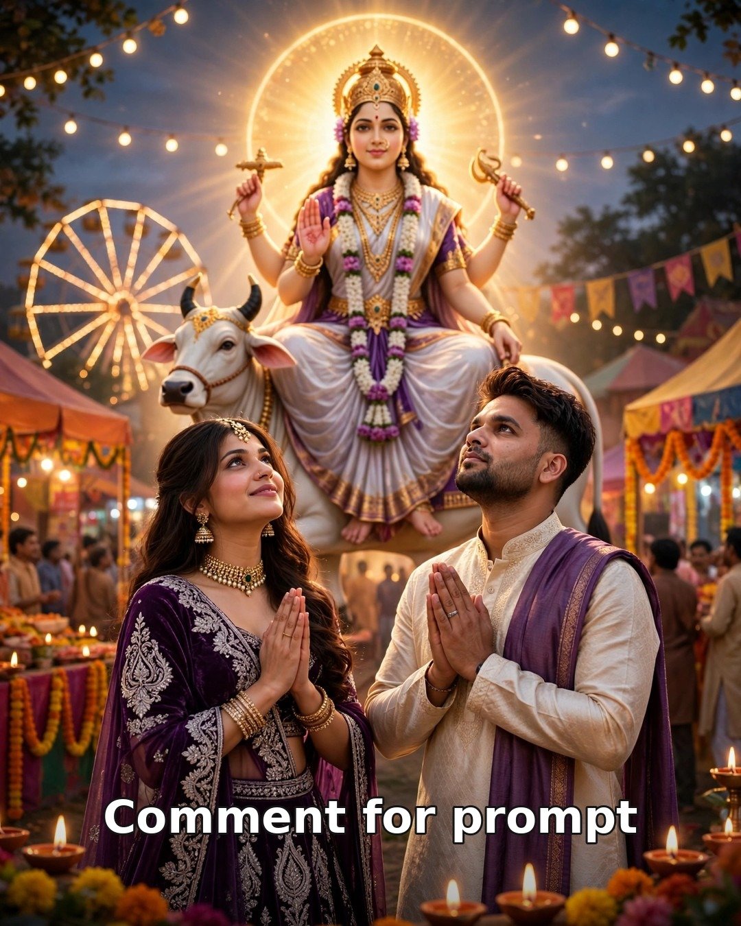 AI-generated devotional couple photo — man in cream kurta and woman in purple velvet lehenga praying before Maa Mahagauri at a Navratri village fair