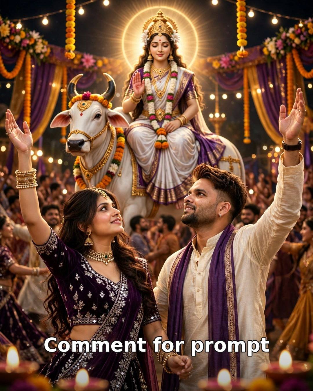 AI-generated devotional couple photo - man in cream kurta and woman in purple mirror-work lehenga dancing garba before Maa Mahagauri at night