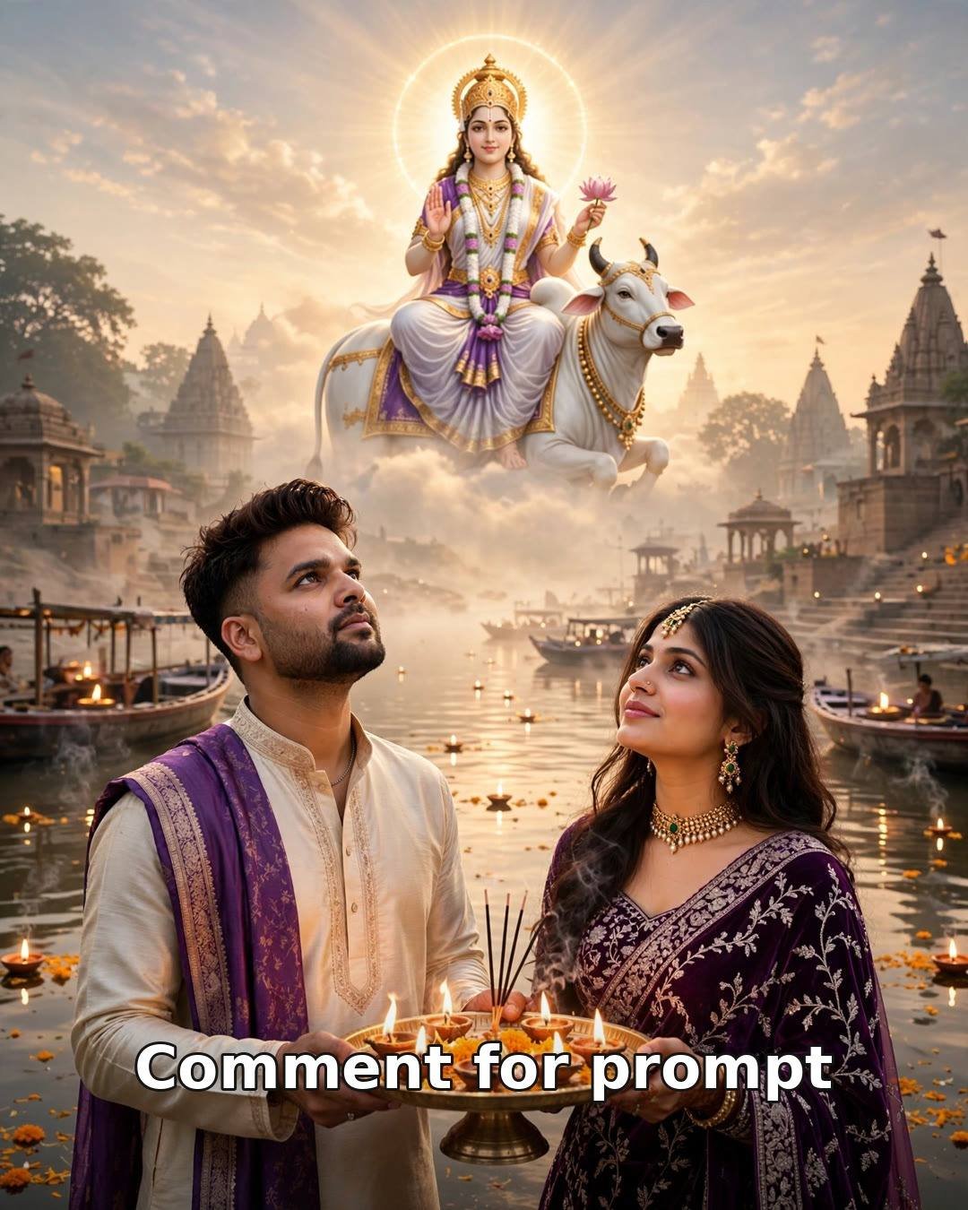 AI-generated devotional couple photo — man in cream kurta and woman in purple velvet lehenga holding an aarti thali before Maa Mahagauri on a river ghat at sunrise