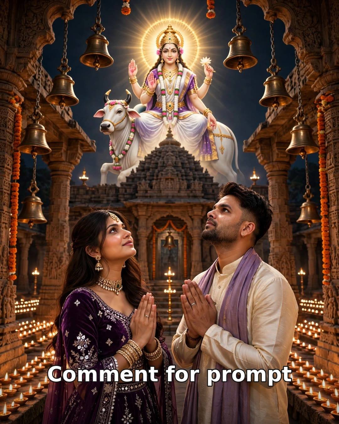AI-generated devotional couple photo - man in cream kurta and woman in purple velvet lehenga in namaste before Maa Mahagauri in a temple courtyard full of diyas