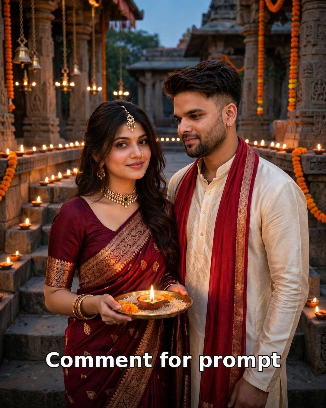 AI-generated couple photo - woman in maroon silk saree holding a diya thali beside a man in cream kurta with red stole on temple steps at dusk