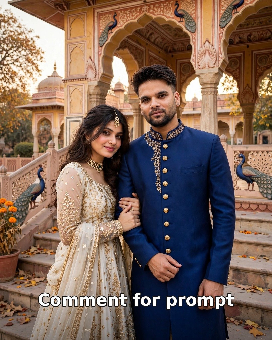 AI-generated royal couple photo — man in blue achkan and woman in ivory gold anarkali on ornate Jaipur palace steps