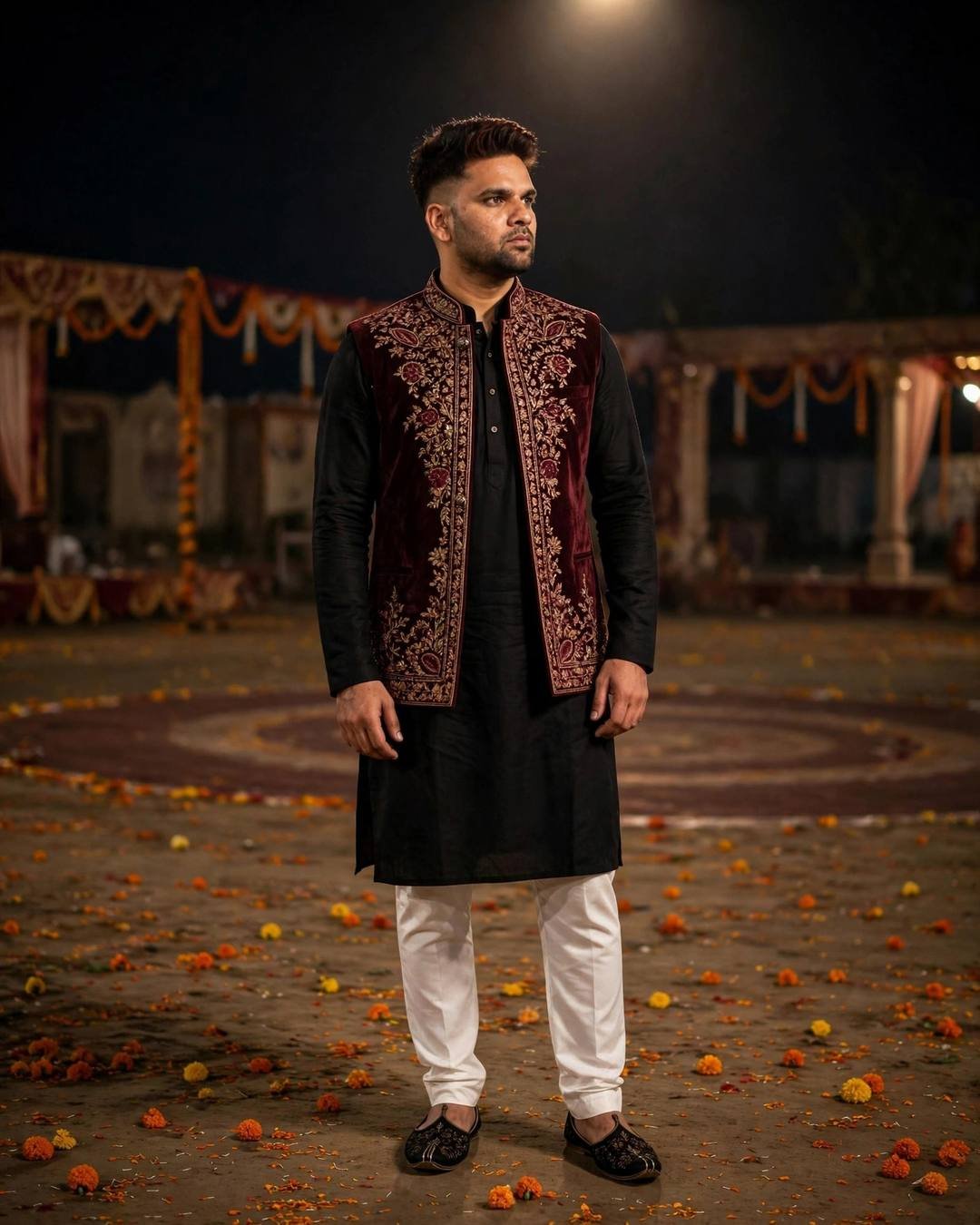 Man in black kurta and embroidered maroon Nehru jacket standing on a petal-strewn garba ground at night under a single spotlight