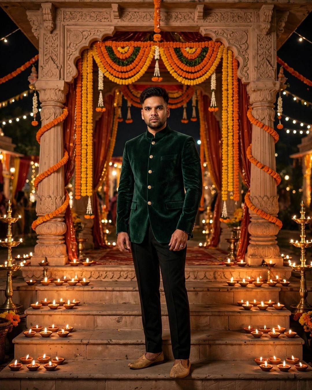 Man in emerald green velvet bandhgala with gold buttons at a grand garba mandap entrance at night, brass diyas and marigold torans