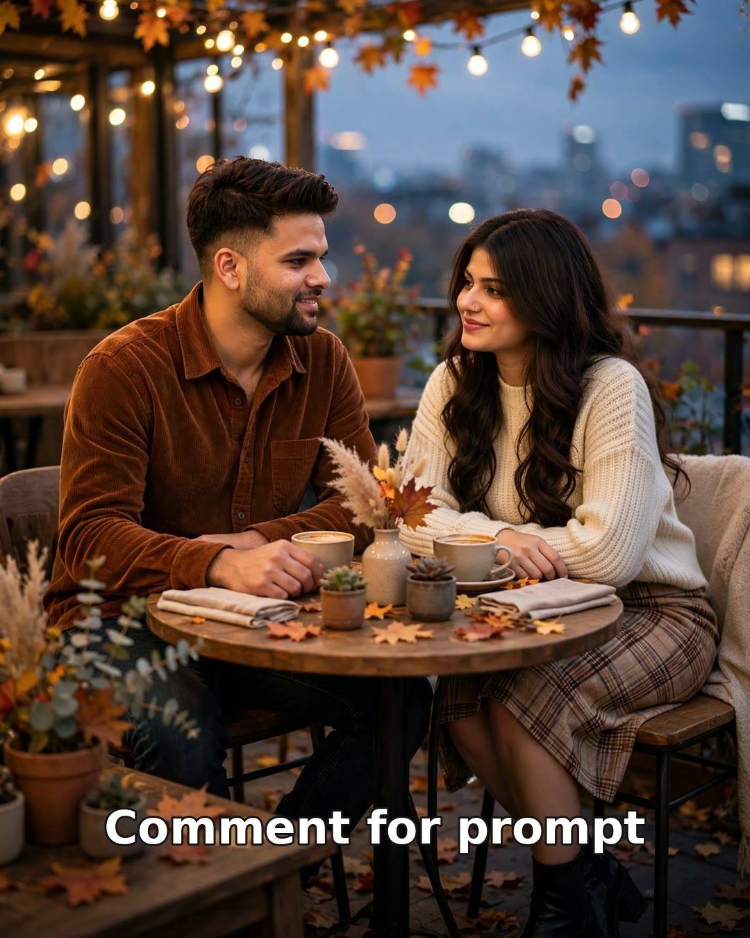 AI-generated autumn cafe terrace couple photo — fall fashion with warm string lights