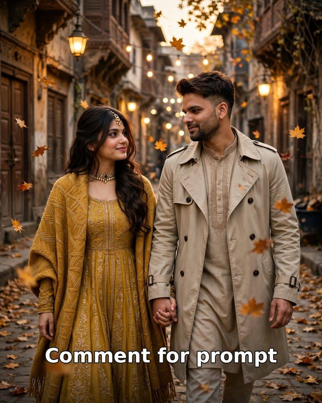AI-generated autumn heritage walk couple photo — old city lanes with fall leaves