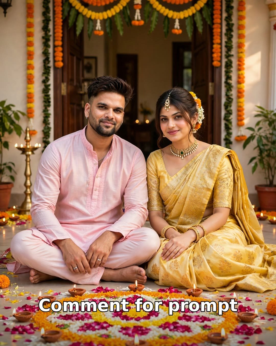 AI-generated Diwali rangoli morning couple photo — colourful rangoli art and festive styling