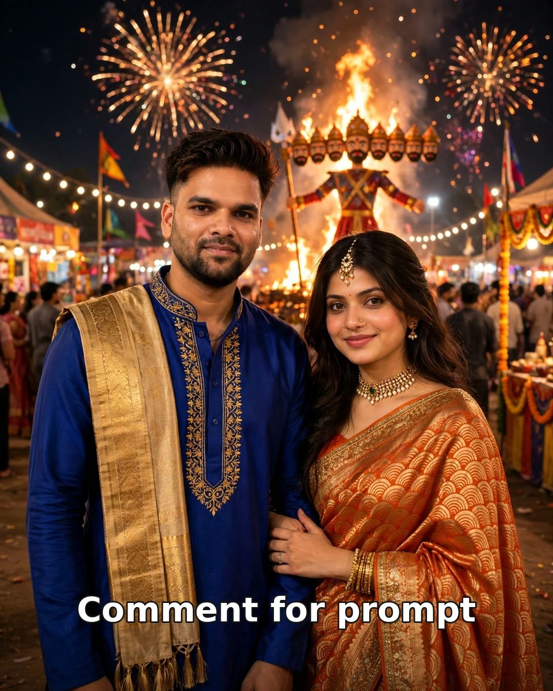 AI-generated Dussehra couple photo — festive Indian celebration look with Ravana Dahan theme