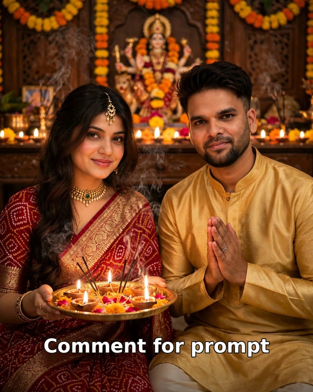 AI-generated Dussehra evening aarti couple photo — glowing diyas and devotional styling