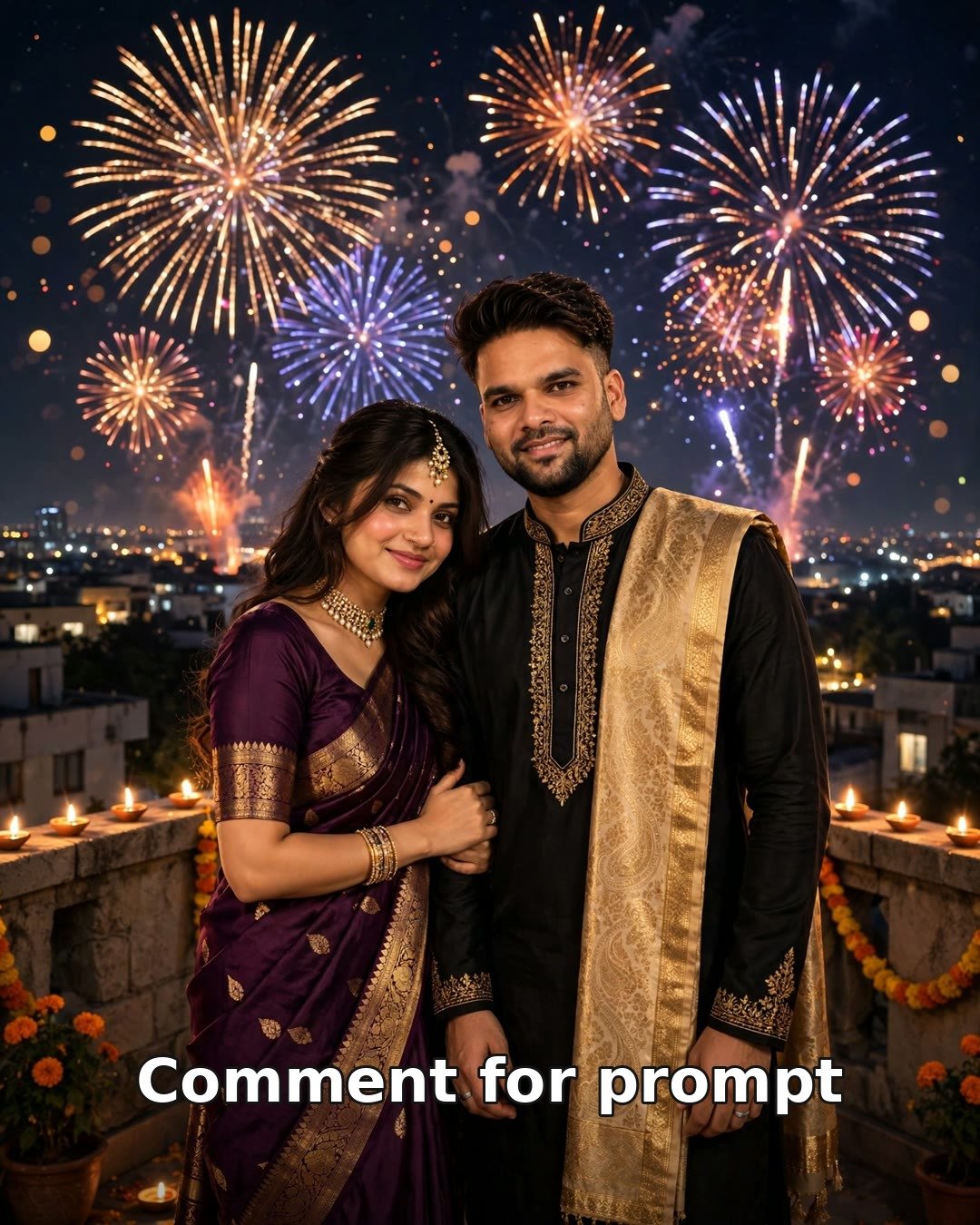 AI-generated Dussehra fireworks night couple photo — night sky bursts and festive styling