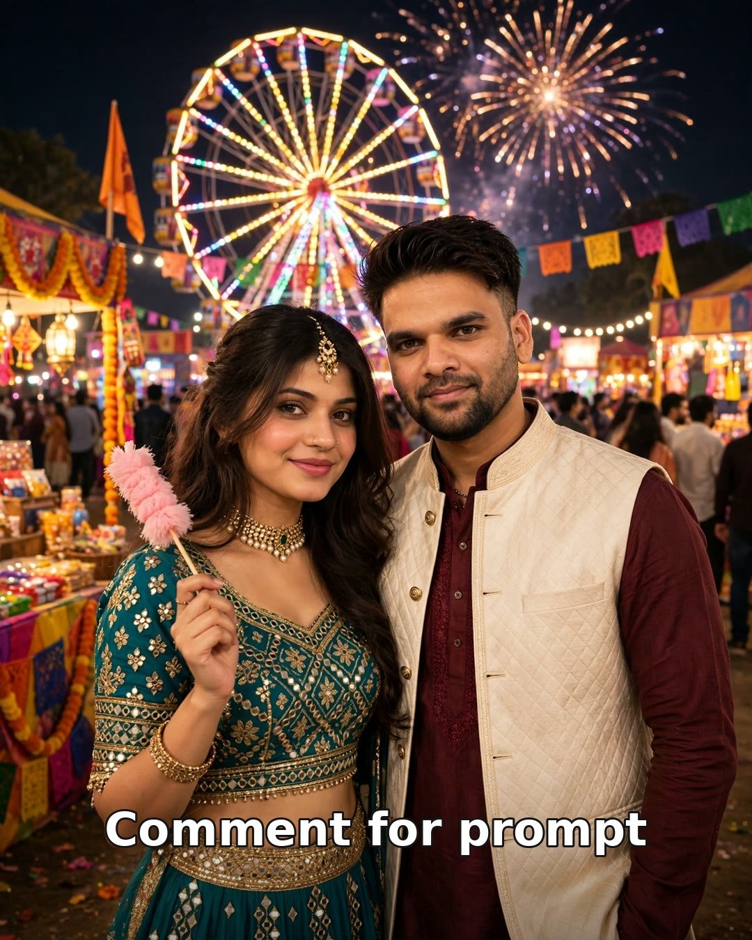AI-generated Dussehra mela couple photo — carnival night lights with ferris wheel
