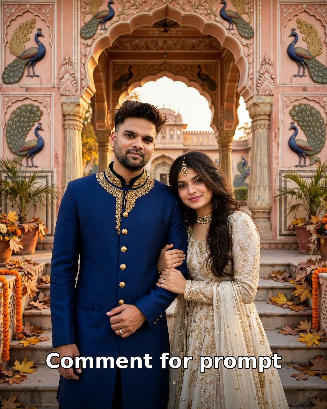 AI-generated royal palace couple photo — heritage architecture with regal festive styling