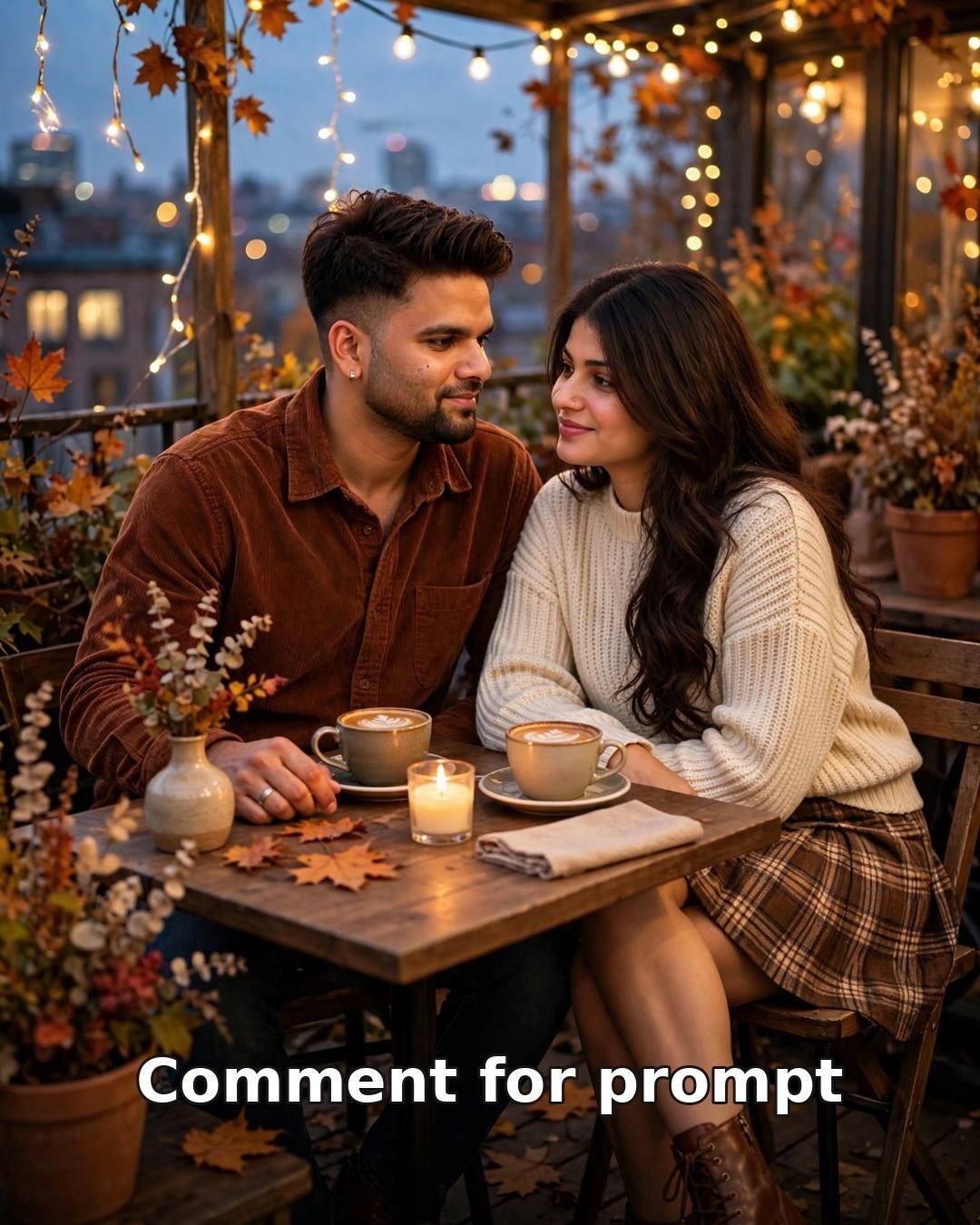 AI-generated autumn cafe terrace couple photo — fall fashion under fairy lights