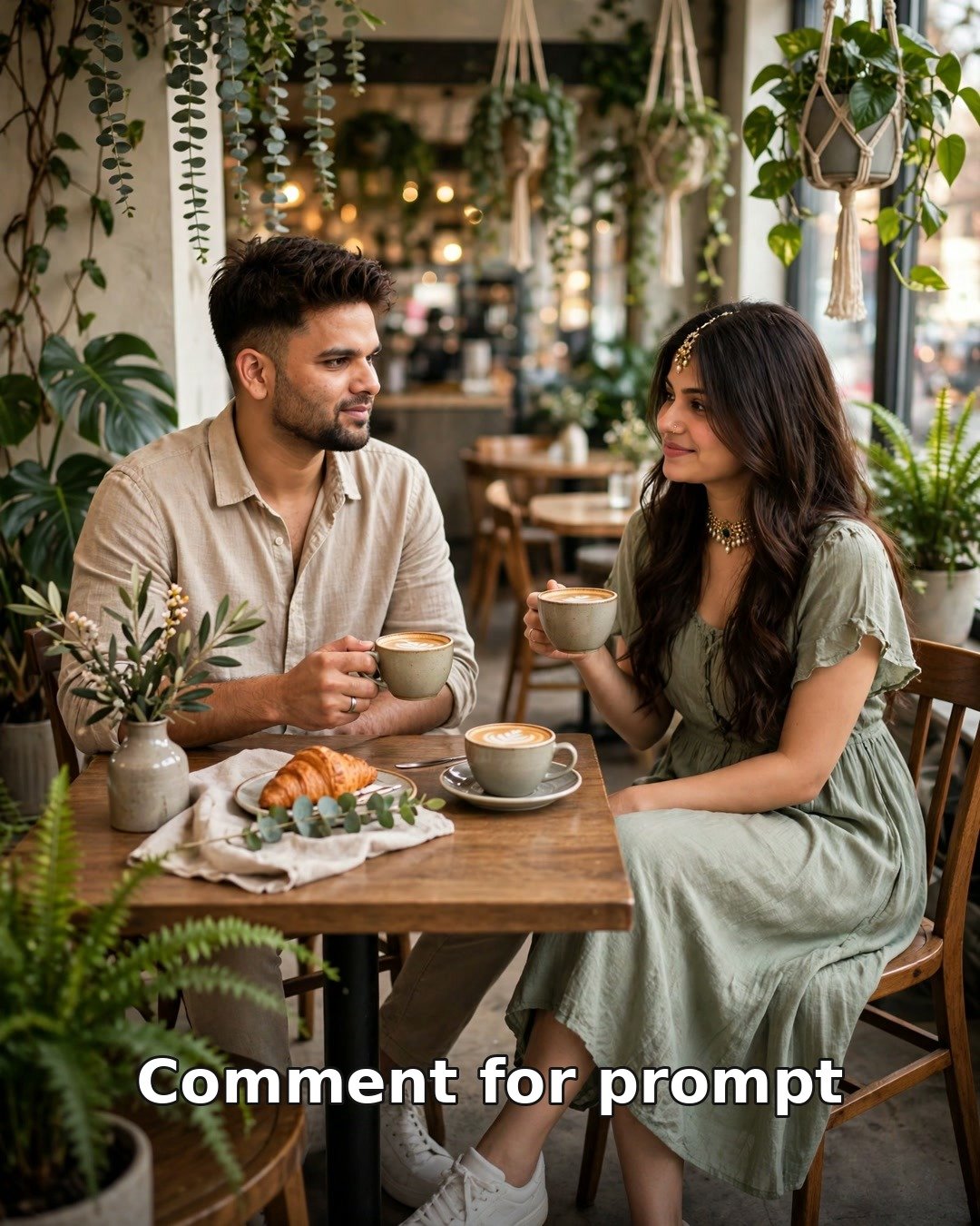 AI couple coffee date photo — man in beige linen shirt and woman in sage dress at a plant-filled cafe