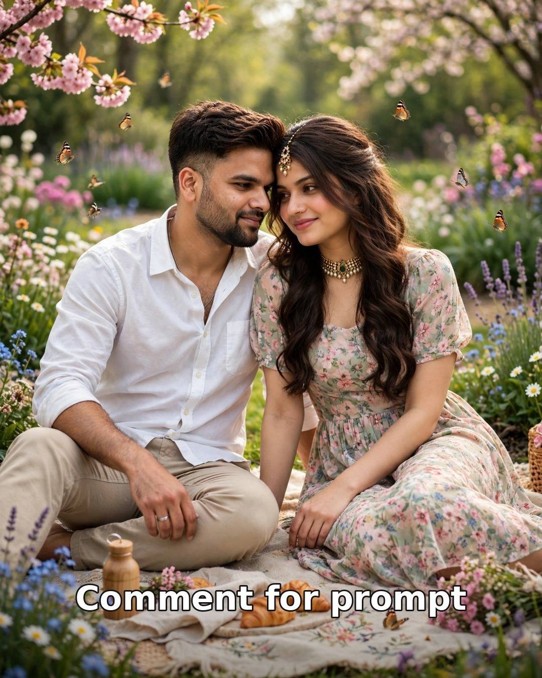 AI-generated garden picnic couple photo — spring flowers and floral dress