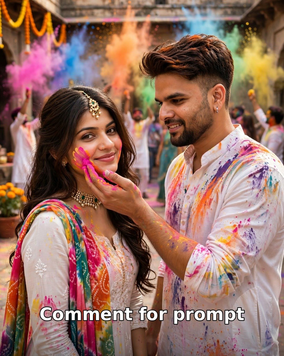 AI Holi couple photo — man applying pink gulal to woman's cheek amid colour clouds