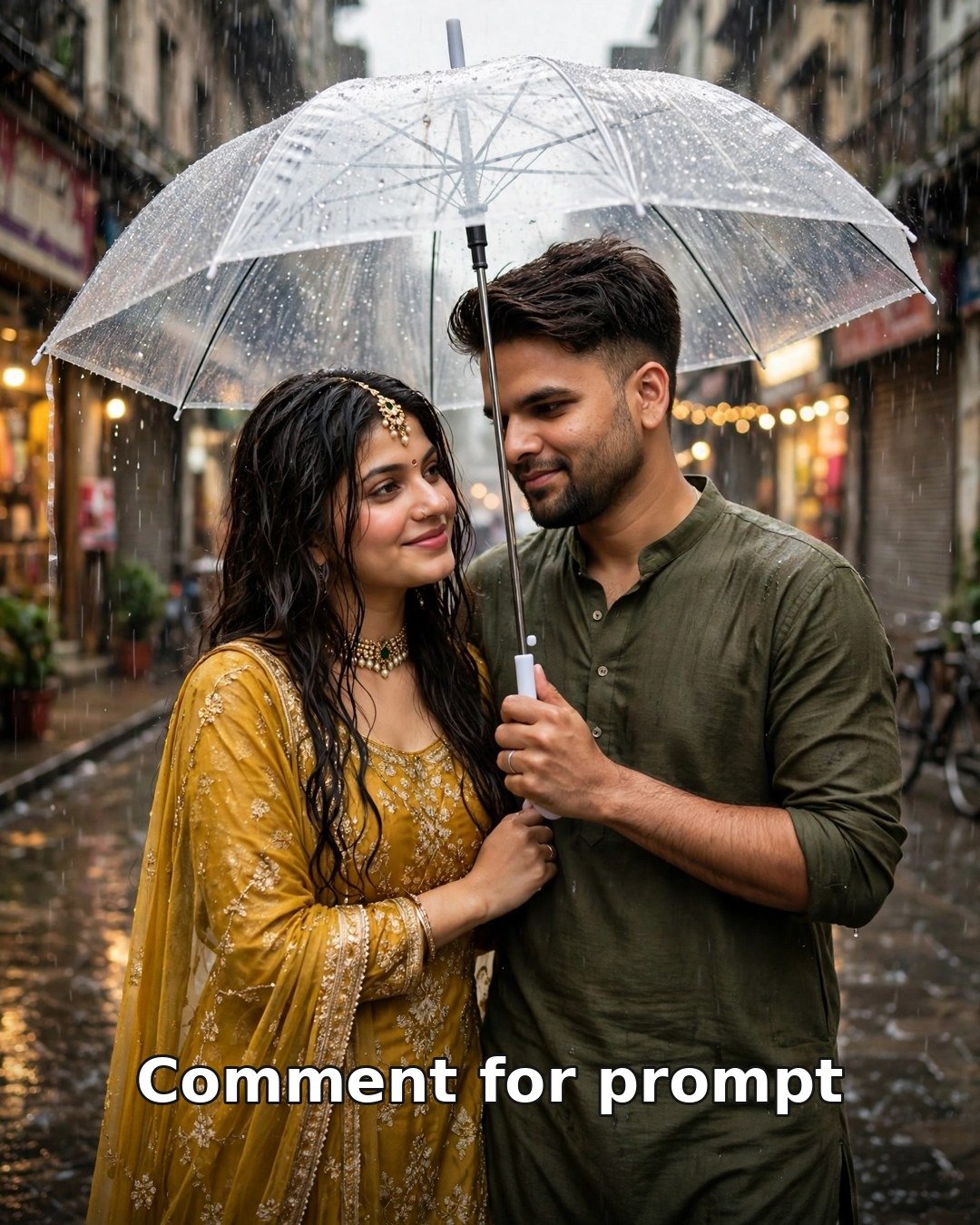 AI monsoon romance couple photo — couple under a transparent umbrella in a rainy old city lane