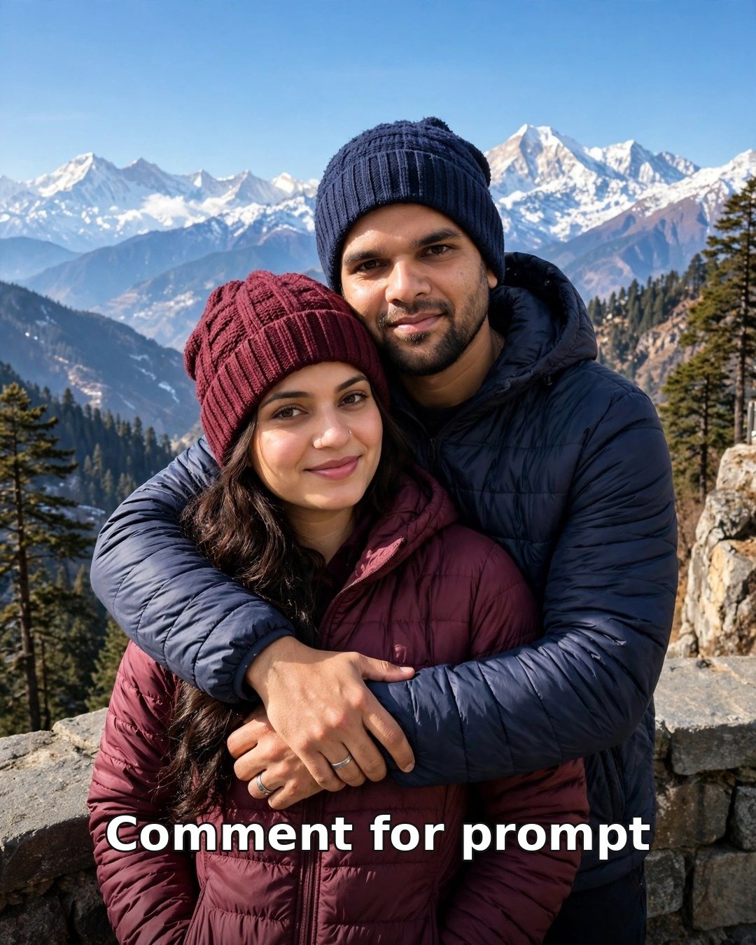 AI mountain getaway couple photo — couple in puffers at a Himalayan viewpoint with snow peaks behind