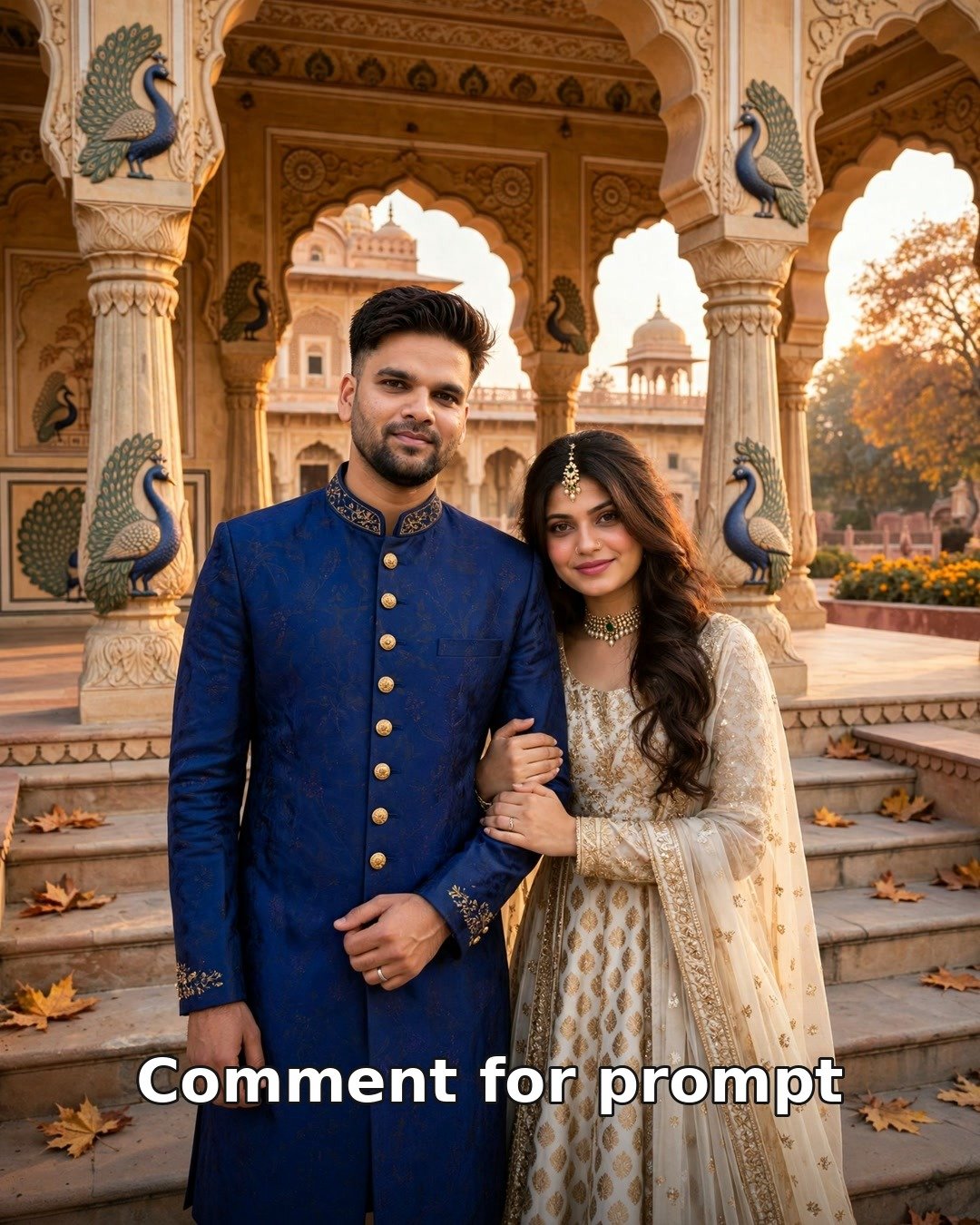AI royal palace couple photo — blue achkan and ivory anarkali on Jaipur palace steps