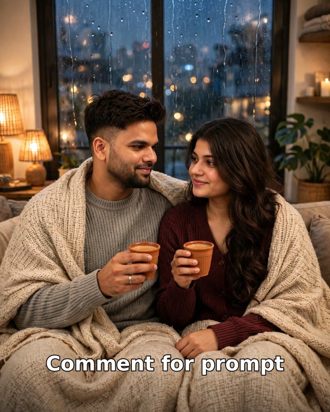AI rainy window chai couple photo — couple under a blanket with chai by a rain-streaked window