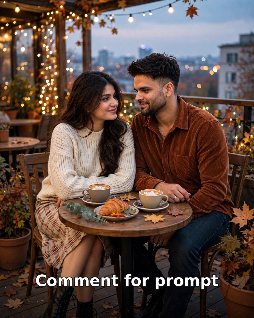 AI couple autumn cafe terrace photo — man in rust corduroy shirt and woman in cream sweater with plaid skirt at a dusk terrace table