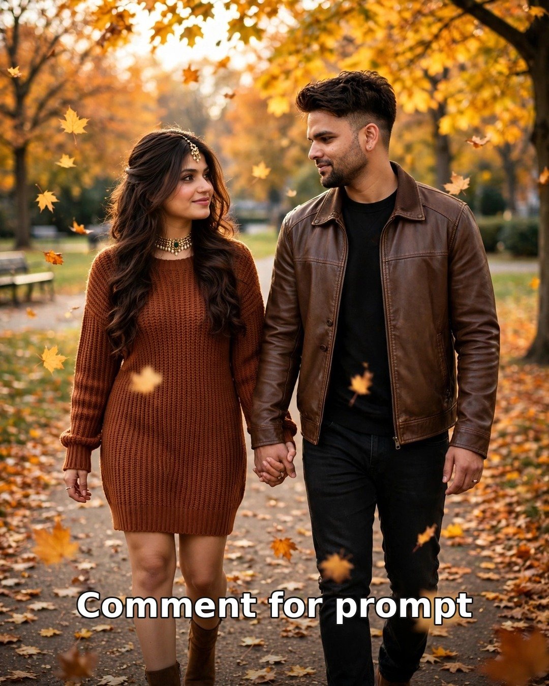 AI couple autumn park photo — man in brown leather jacket and woman in rust knit dress walking under golden leaves