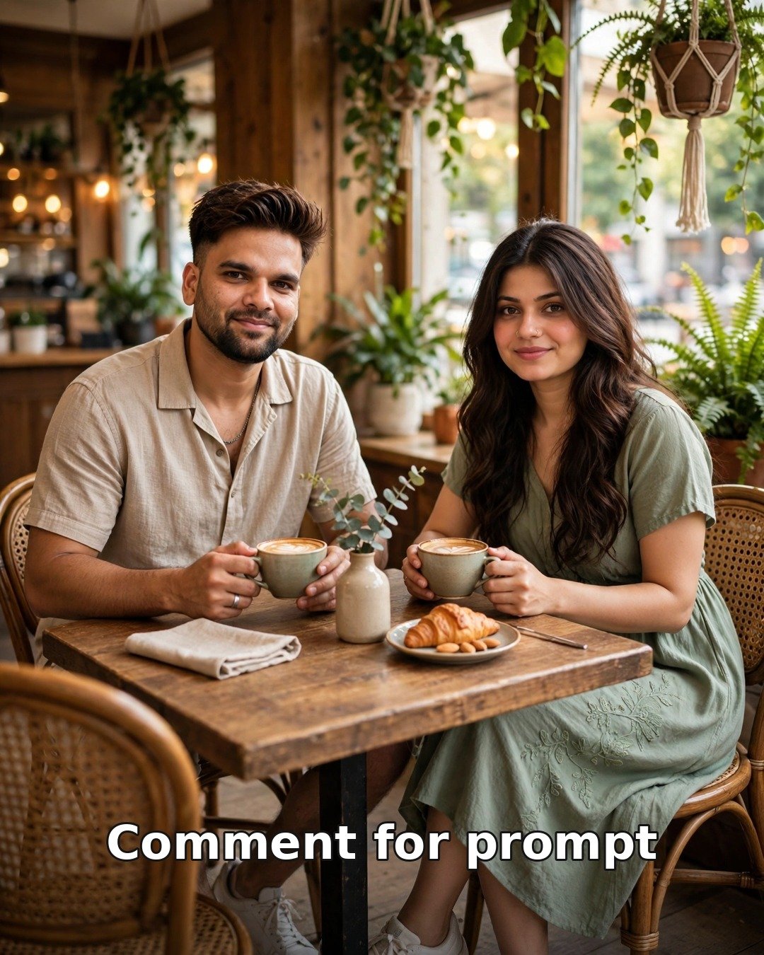 AI couple coffee date photo — man in beige linen shirt and woman in sage dress with lattes at a plant-filled cafe