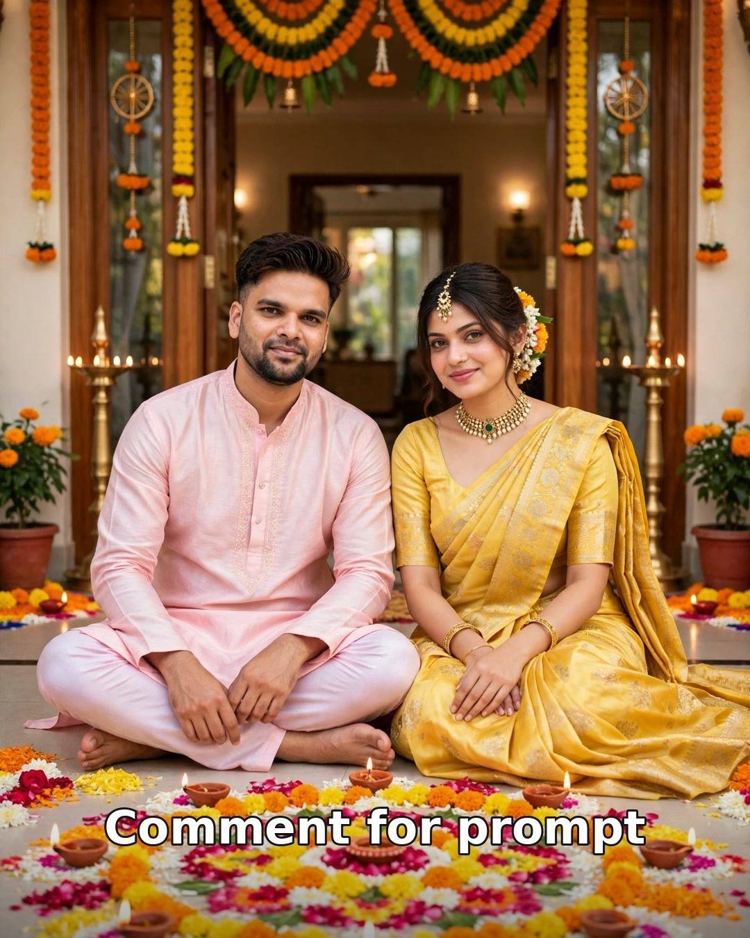 AI couple Diwali rangoli morning photo — man in pastel pink kurta and woman in yellow silk saree beside a flower rangoli and diyas