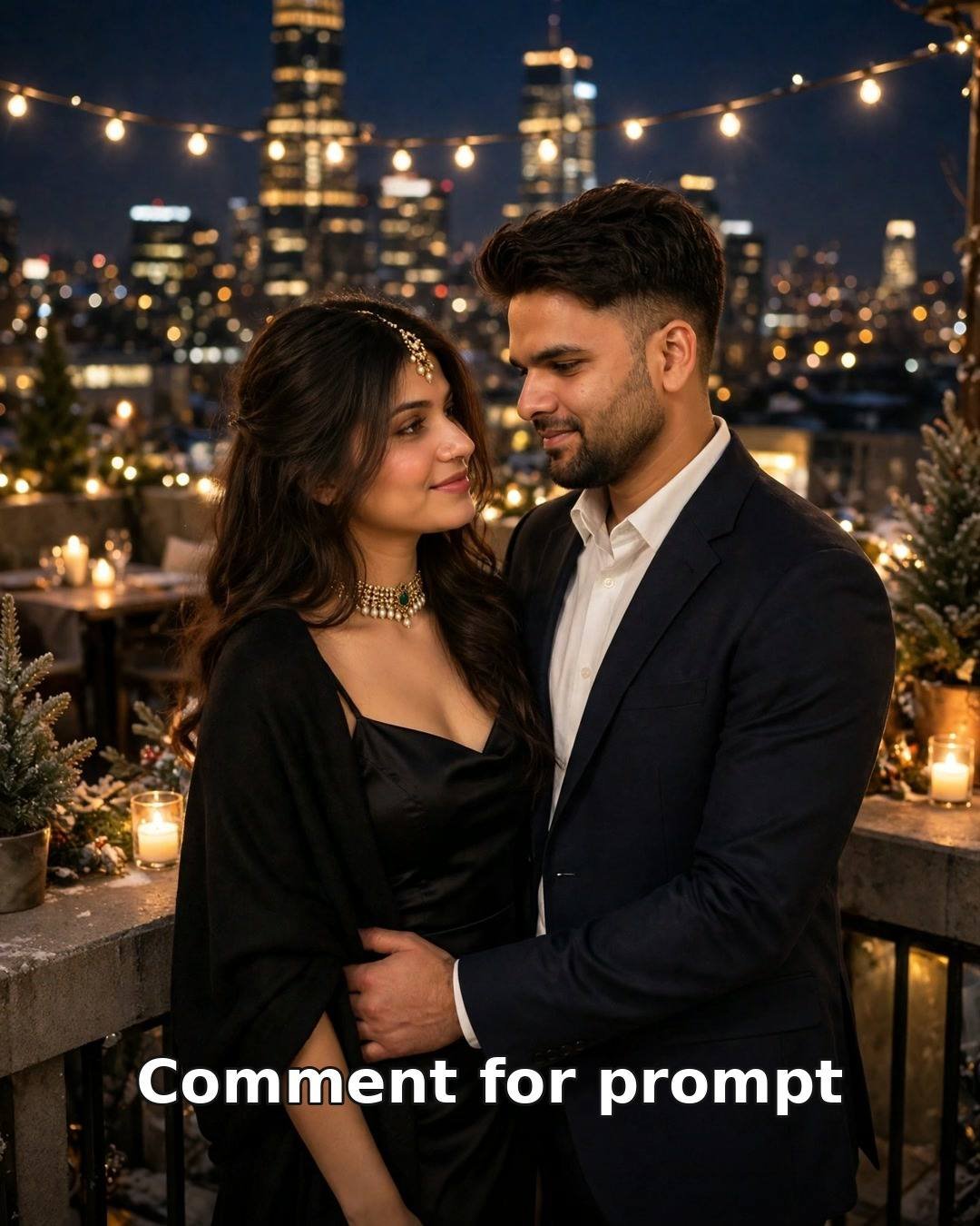 AI couple rooftop dinner date photo — man in navy blazer and woman in black satin dress with shawl at a candlelit rooftop railing