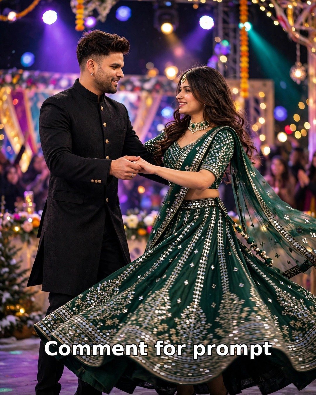 AI couple sangeet dance night photo — man in black bandhgala and woman in emerald mirror-work lehenga twirling on a stage at night