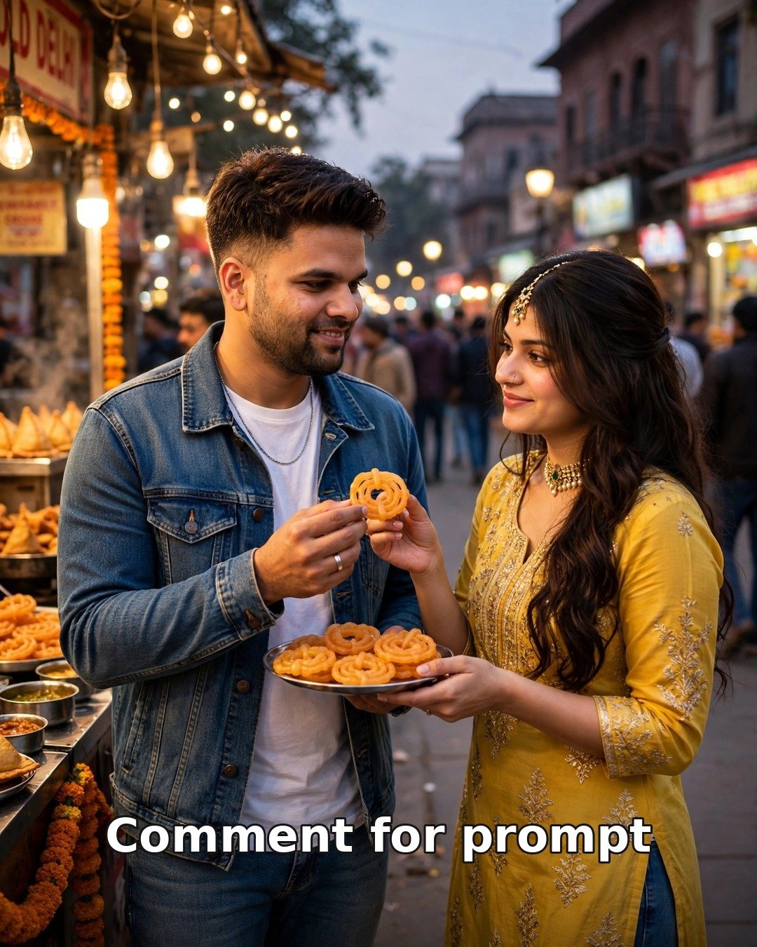 AI couple street food date photo — man in denim jacket and woman in yellow kurti sharing jalebis at an Old Delhi stall at dusk