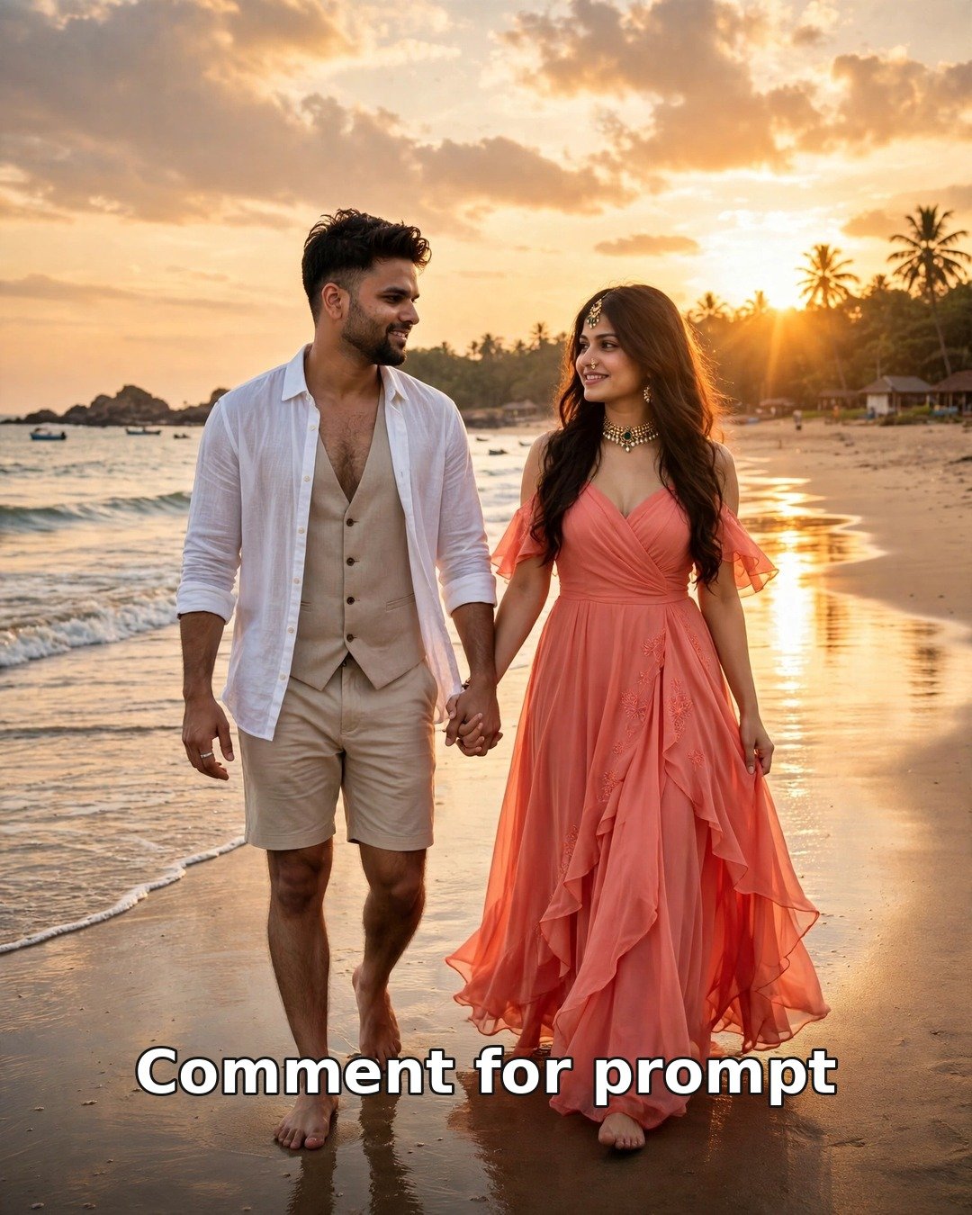 AI couple sunset beach walk photo — man in white shirt and beige shorts and woman in coral maxi dress holding hands on a Goa beach at sunset