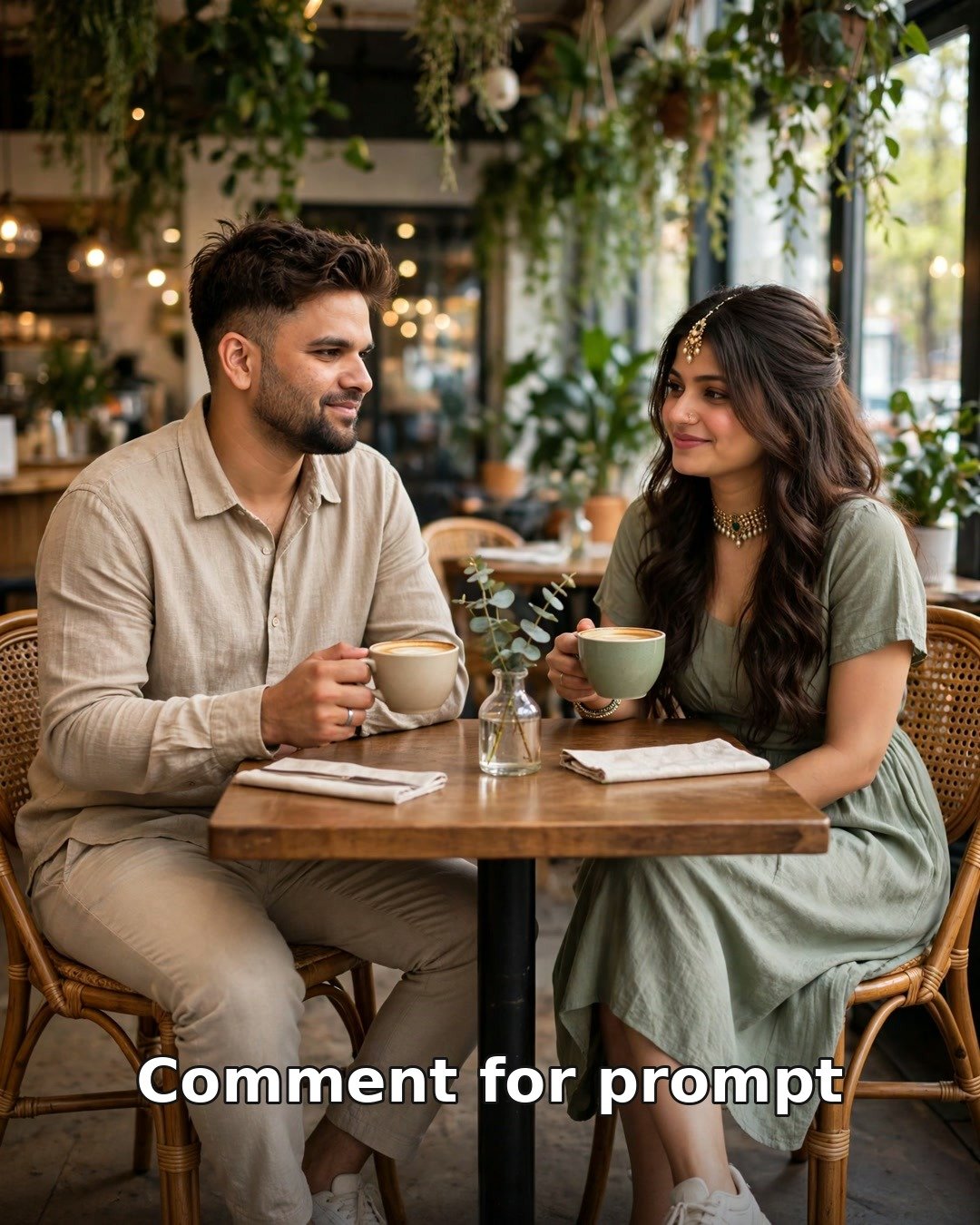AI couple coffee date photo — man in beige linen shirt and woman in sage green summer dress holding coffee cups at a plant-filled cafe table