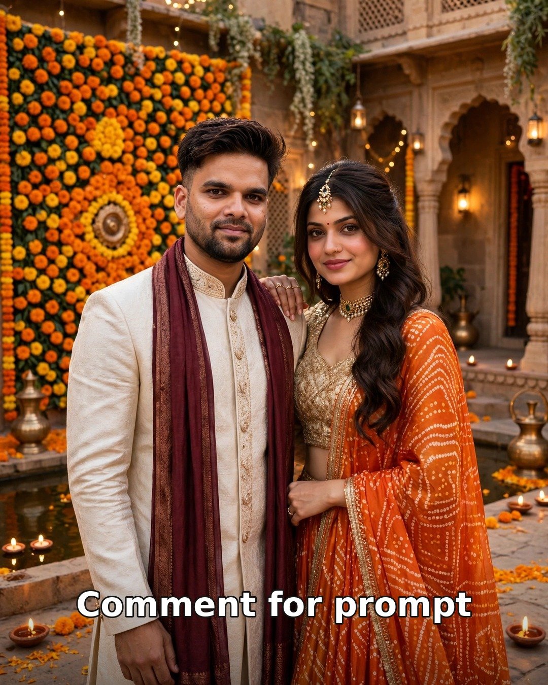 AI couple Dussehra ethnic portrait photo — man in ivory sherwani kurta with maroon dupatta and woman in orange leheriya lehenga before a marigold wall