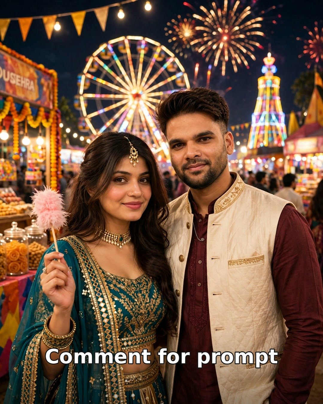 AI couple Dussehra mela photo — man in maroon kurta with cream Nehru jacket and woman in teal gold chaniya choli with candy floss before a lit ferris wheel