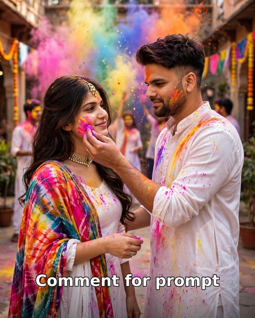 AI couple Holi colors photo — man applying pink gulal to woman's cheek amid colourful gulal clouds in a courtyard