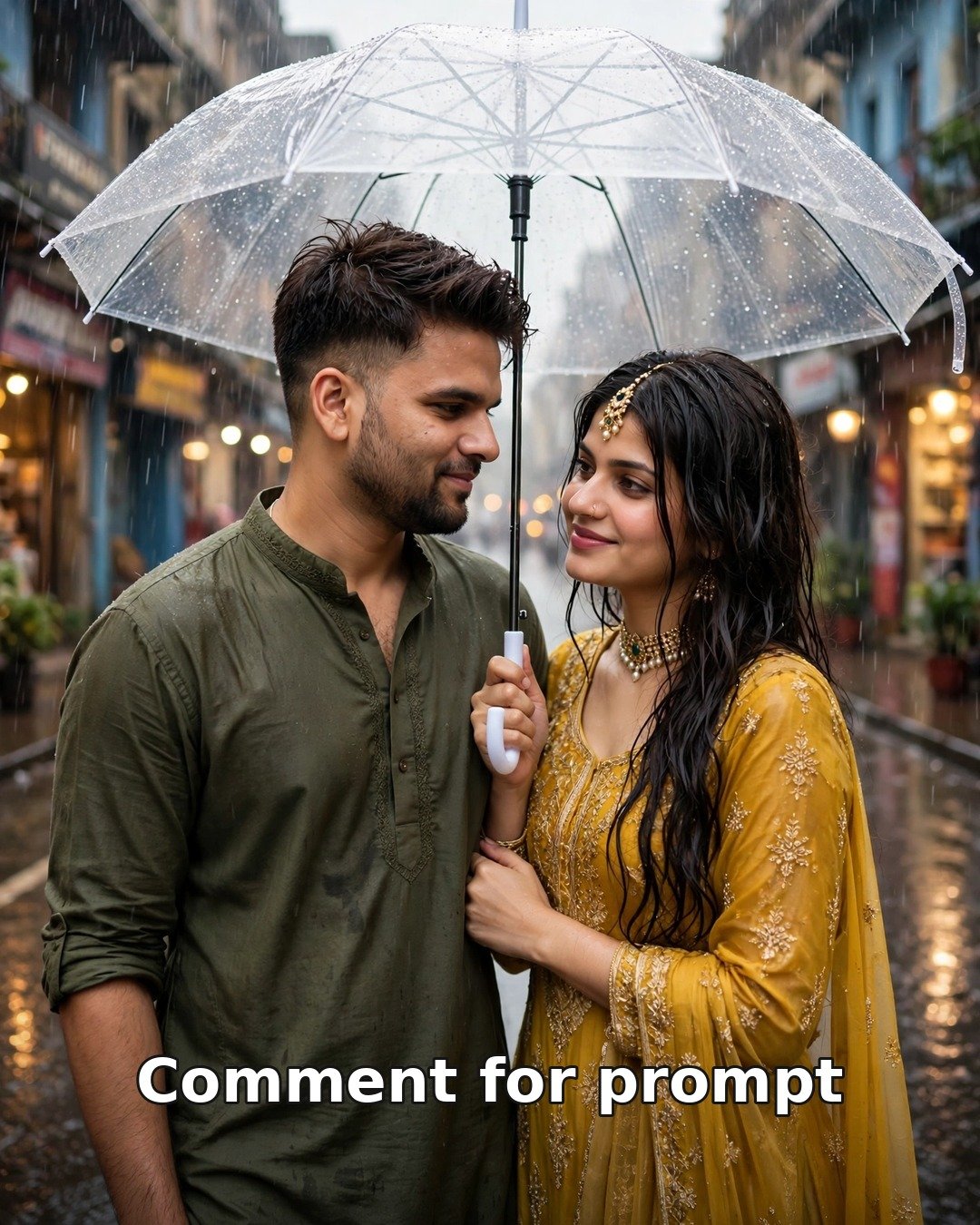AI couple monsoon romance photo — man in olive kurta and woman in mustard salwar suit sharing a transparent umbrella in light rain